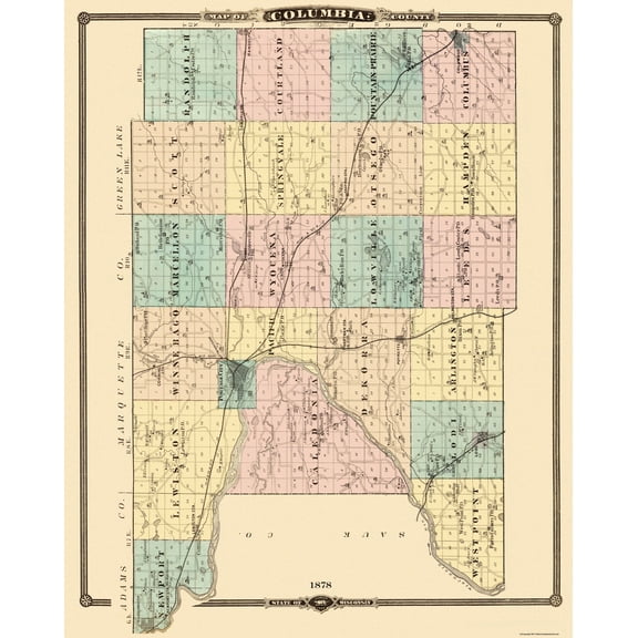 Historic County Map - Columbia County Wisconsin - Snyder 1878 - Vintage Wall Art