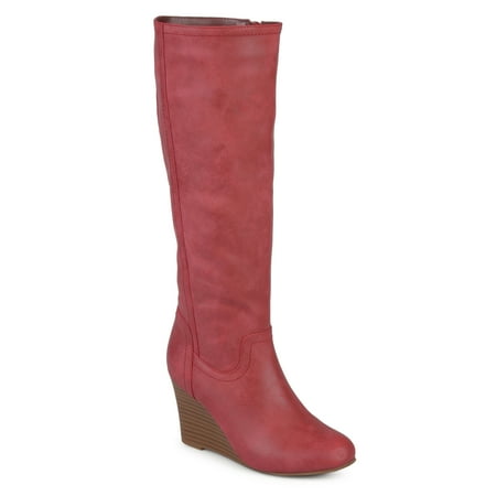 Leather Crepe Boots - Women's Wide Calf Round Toe Faux Leather Mid-calf Wedge Boots