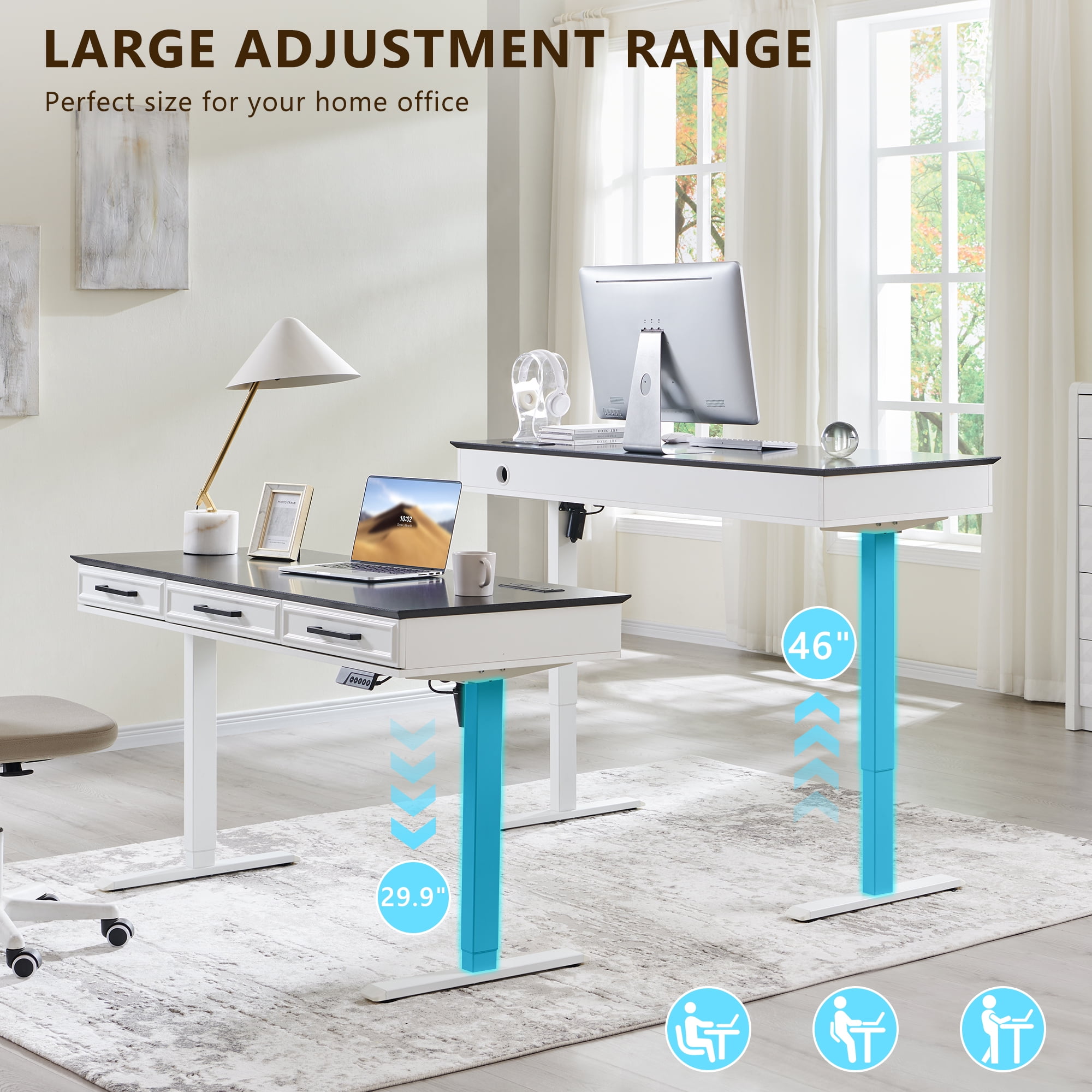 wow97e Electric Standing Desk, 55" x 22" Adjustable Height Office Computer Desk with 3 Storage Drawers, Sit Stand Up Desk with Power Outlets for Study and Home