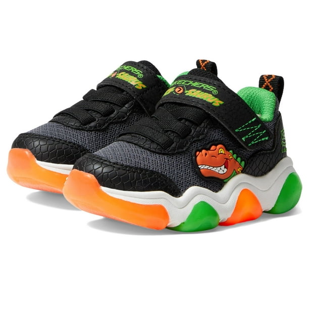 Zapatilla Skechers Mighty Glow 2.0-Dino-Bolt para niños, color negro y naranja