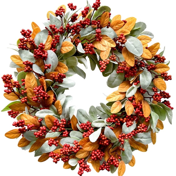 Tempus 18 inch Green & Orange Fall Leaves Wreath with Red Berries