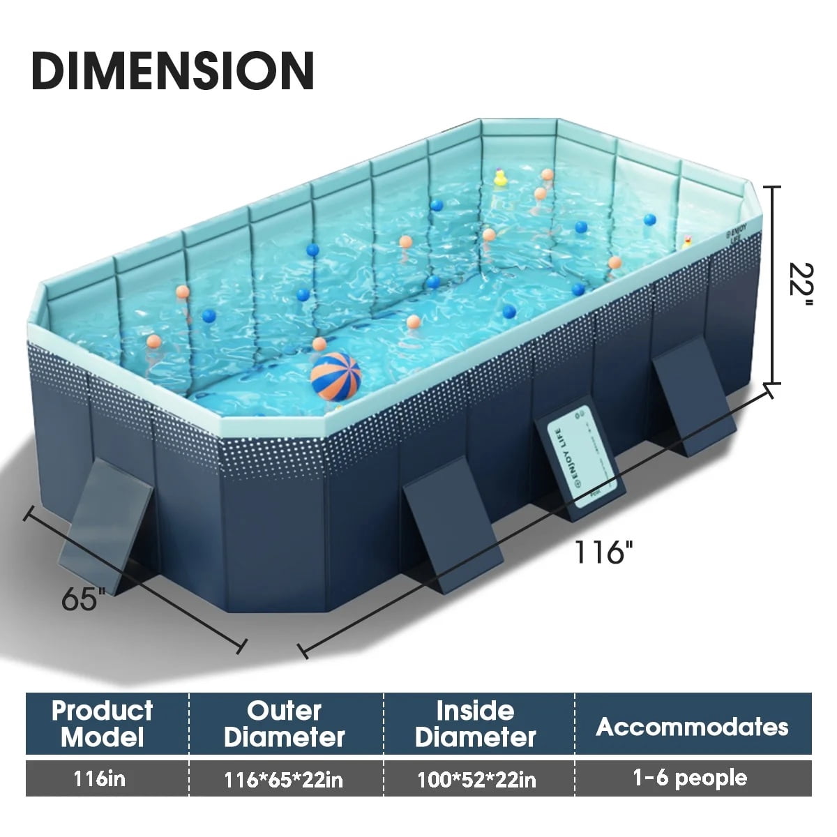 Foldable Pool, Non-Inflatable Kids' and Adults' Outdoor Swimming Pool, Hard Plastic Shell Portable Dog Pool for Backyard and Fun Water Play, 116" L x 65" W x 22" H