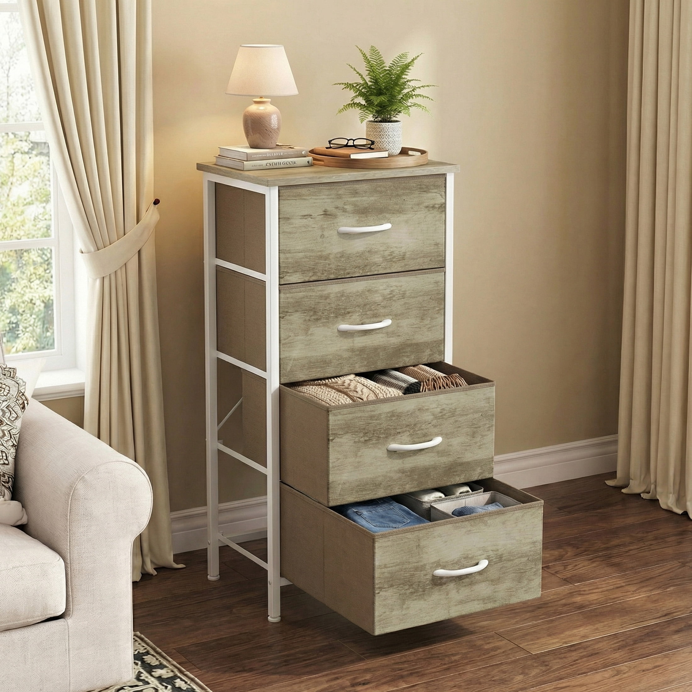 CONCETTA 4-Drawer Fabric Dresser Storage Chest for Bedroom, Closet, Storage Furniture for Adults, Oak