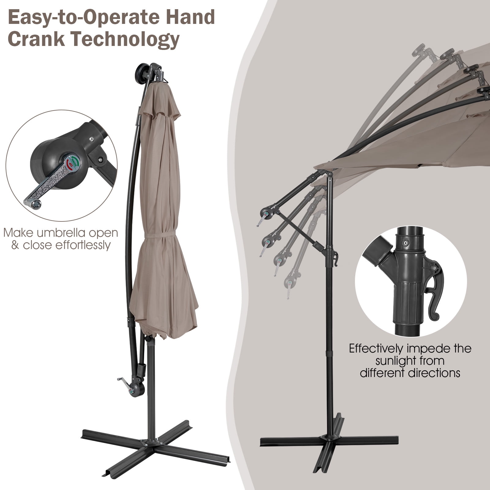 Patiojoy 10FT Patio Umbrella with 32 LED Lights Solar Powered Pool Umbrellas 8 Ribs Cantilever Offset Umbrella for Outdoor Coffee