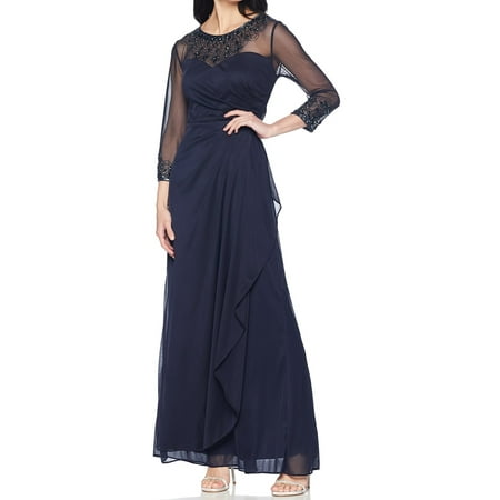 Alex Evenings Womens Beaded Long A-Line Sweetheart Neck Dress 8 Navy - NWT $215