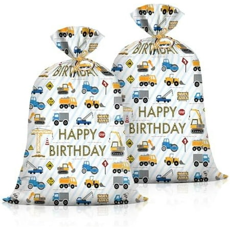 2Pcs Extra Large Construction Birthday Plastic Gift Bag for Boys 36x56 Inch Jumbo Gift Bags Trucks Excavators Cranes Vehicle-Themed Kids Happy Birthday Parties Favors Decorations