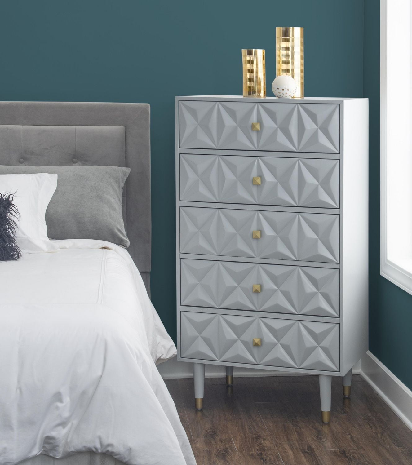Geometric Five Drawer Chest, Grey