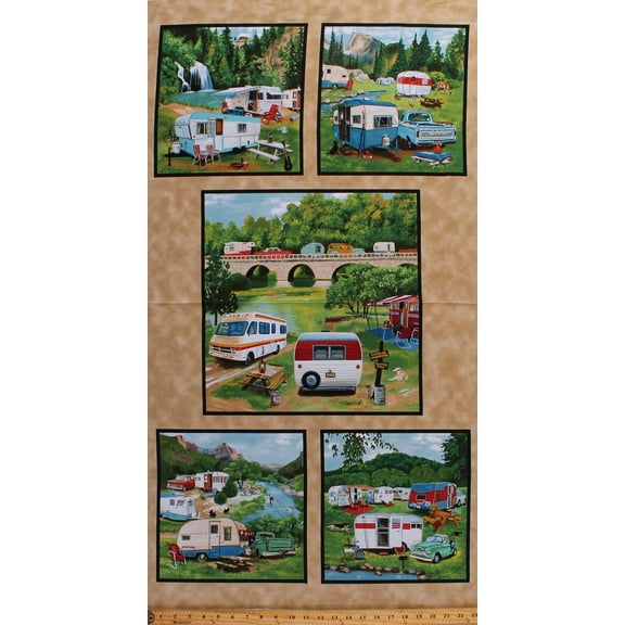 22.5" X 44" Panel Vintage Trailers Antique Campers Campgrounds Multicolor Cotton Fabric Panel (3506EARTH)