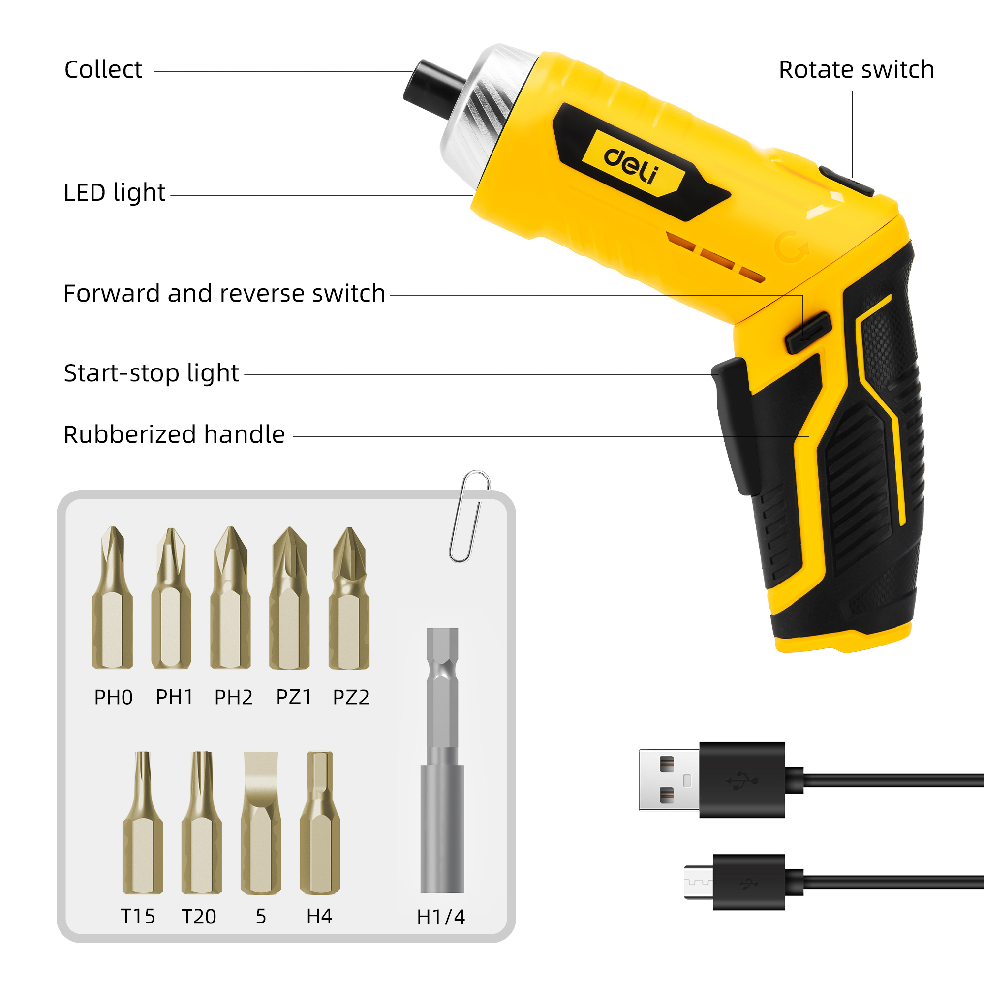 Deli 3.6V USB Cordless Electric Screwdriver Set, 11-Piece photo 6
