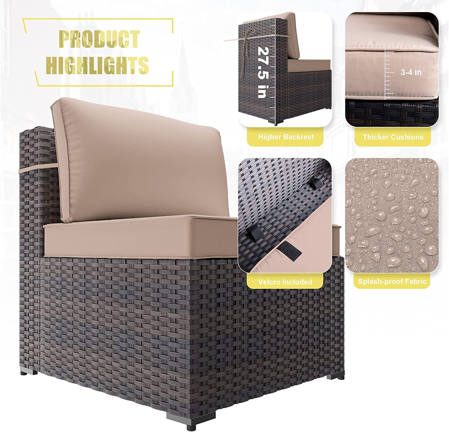 Gotland Outdoor Patio Furniture Set 14 Pieces Sectional Rattan Sofa Set PE Rattan Wicker Patio Conversation Set with Seat Cushions and Tempered Glass Table,Sand