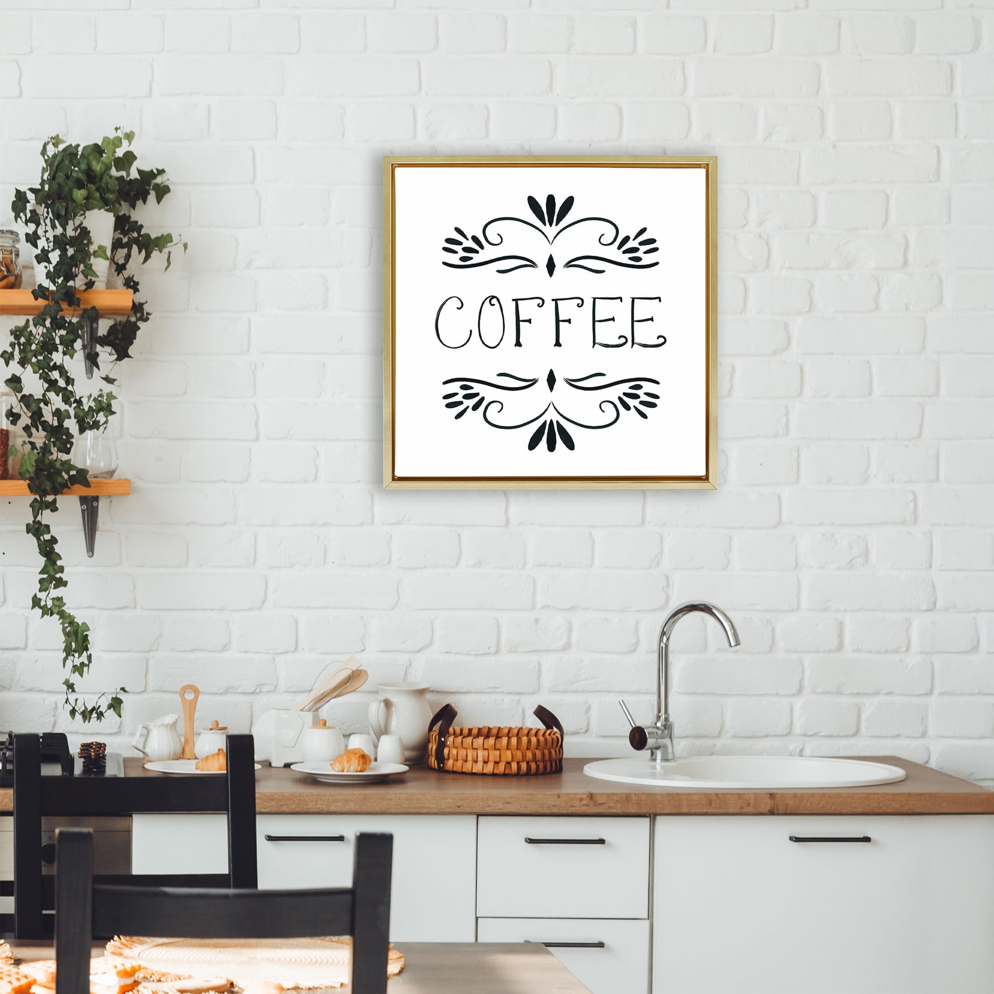 Stupell Industries Coffee with Floral Emblems Gold Framed Floater Canvas Wall Art, design by Lucille Price