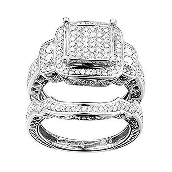 Sterling Silver 1/2 CT Luxury & Delicate Round White Diamond Bridal Halo Engagement Ring Set for Women - Exquisite Micro Pave Ring Set with Brilliant Finish- Highly Polished Bridal Set with Band, 7