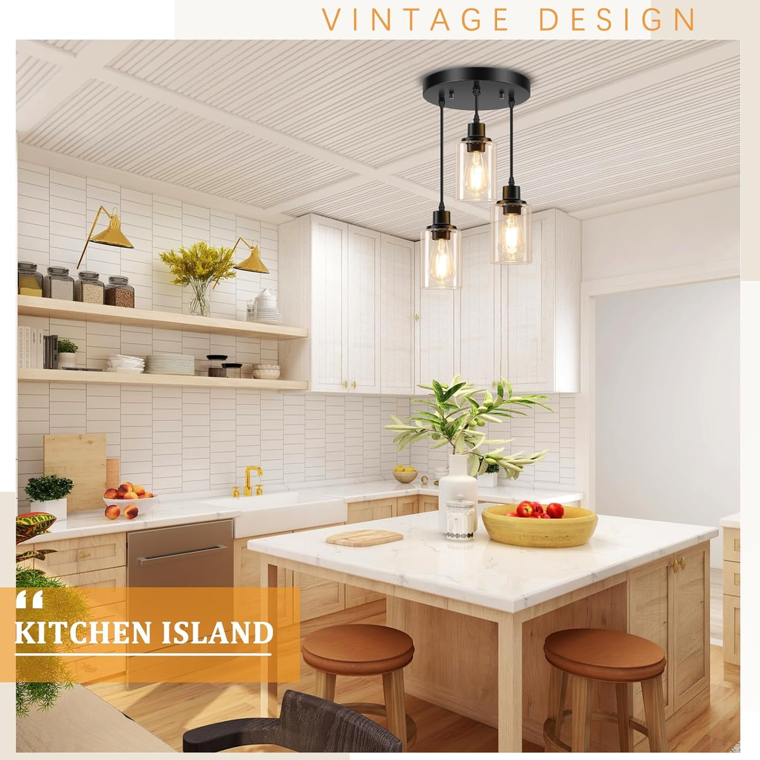 3-Light Pendant Light Fixtures Cluster Pendant Kitchen Island Pendant Lighting with Clear Glass Shade Hanging Light Fixtures with Adjustable Cord for Dining Room, Hallway, Living Room