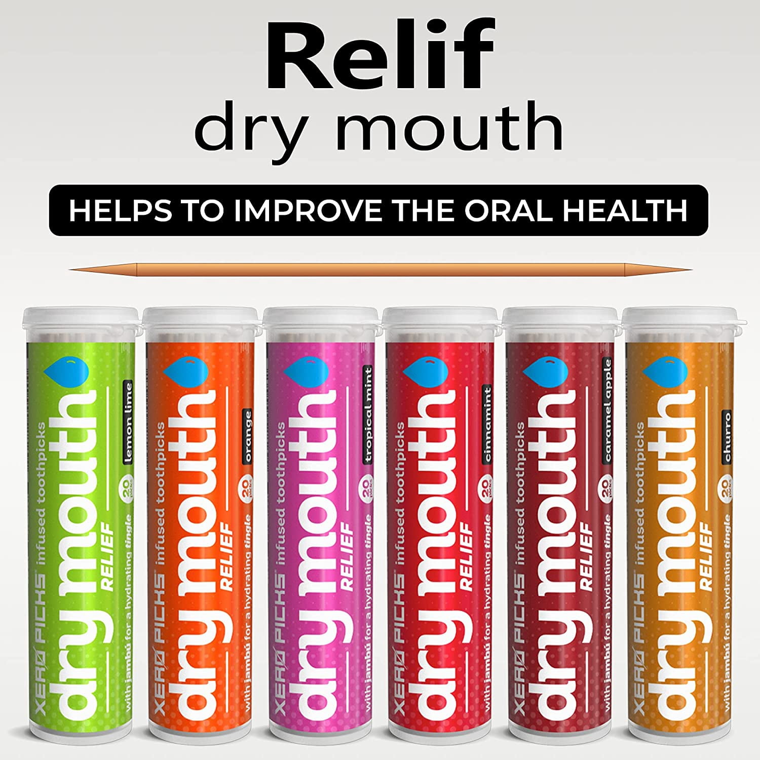 Dry Mouth Toothpicks – Xylitol Infused Flavored for Fresh Breath & Saliva Support Long Lasting Oral Hydration Variety 6 Pack (Cinnamon Mint, Churro, Caramel Apple More)