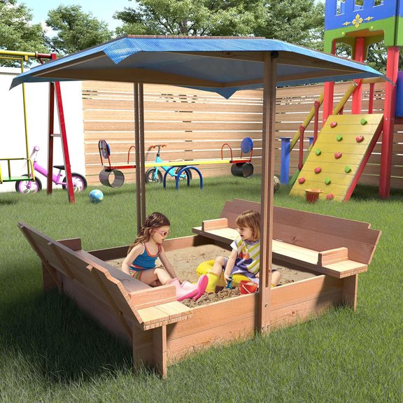 Soonbuy 47inch Wooden Sandbox with Lid, Outdoor Sandbox with 2 Benches, Ministry Lining, Adjustable Height and Swivel Top for Kids 3-8 Years, for Beach, Patio and Backyard