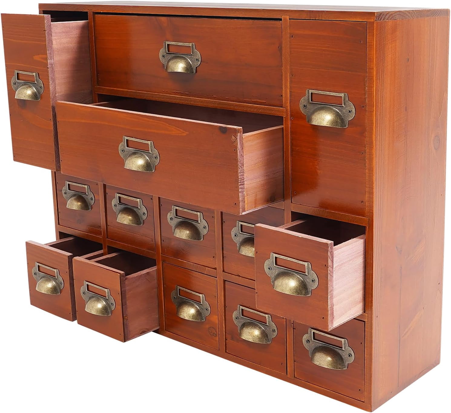 4 Tier Office Desk Organizer with 14 Drawers, Wooden Apothecary Cabinet Desktop Storage Cabinet with Label Boxes, Makeup Organizer Filing Case for Office Bedroom Home, L21*W6.3*H16.7in