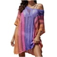 thumbnail image 2 of Maqroz Color Block Crochet Cover Up Women Off Shoulder Beach Tunic Short Sleeve Hollow Out Knit Swimsuit Coverup Summer Vacation Top, 2 of 9