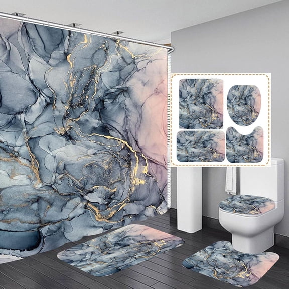 4 Pcs Abstract Marble Shower Curtain Sets with Non-Slip Rug, Toilet Lid Cover and Bath Mat Blue Pink Golden Cracked Lines Marble Shower Curtains with 12 Hooks Waterproof Bath Curtains-Blue