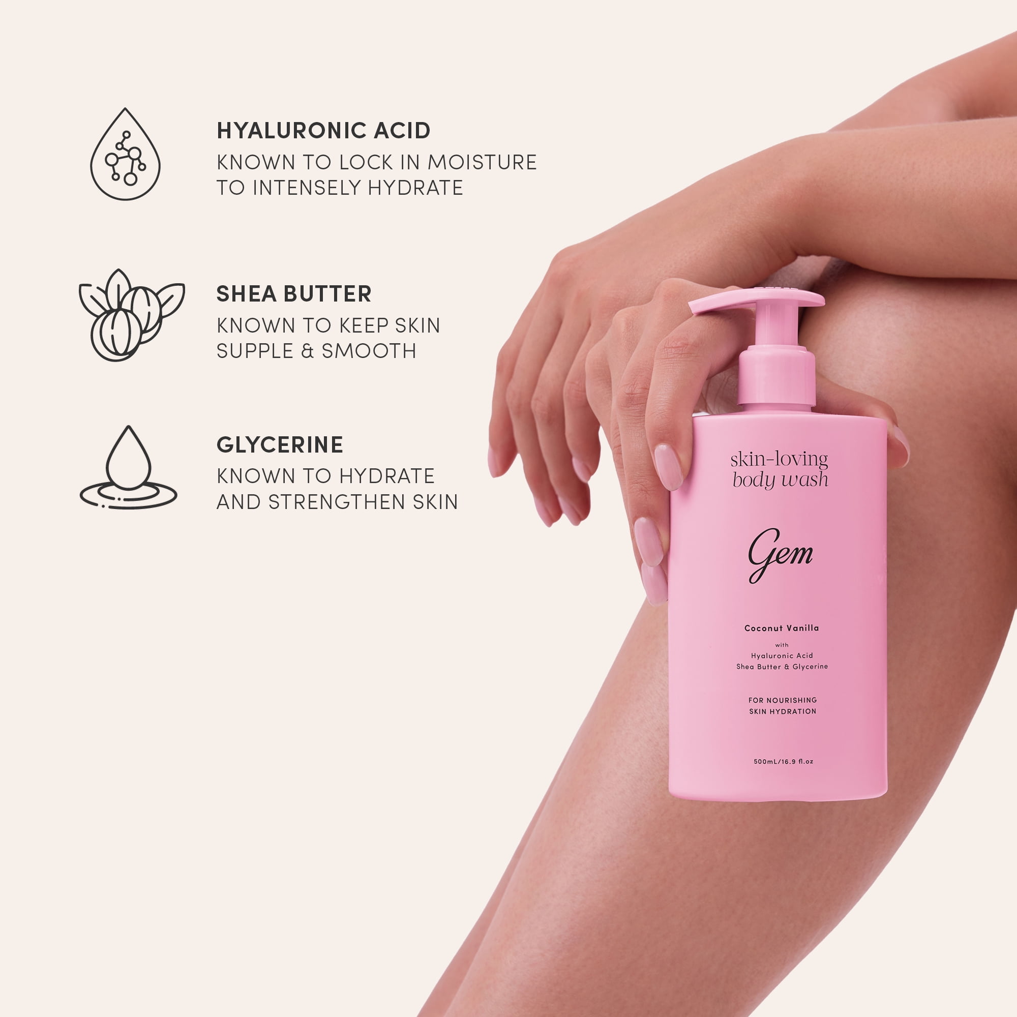 Gem Skin-Loving Body Wash Coconut Vanilla 500mL 16.9 fl oz