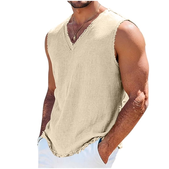 Mens Vintage Beach T-Shirt Linen Summer Travel Outfits V-Neck Sleeveless Hawaiian Swim Tank Tops Fathers Gift