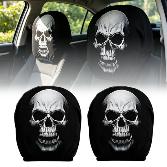 2PC Halloween Skull Car Headrest Covers, Drive In Fear Gothic Horror Stretch Head Rest Protector, Universal Washable Elastic Fabric Auto Head Sleeve for Cars Trucks SUV Spooky