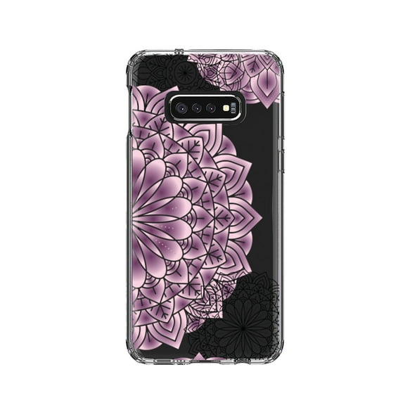 DistinctInk Clear Shockproof Hybrid Case for Samsung Galaxy S10e (5.8" Screen) - TPU Bumper, Acrylic Back, Tempered Glass Screen Protector - Mandala - Purple and Pink and Black