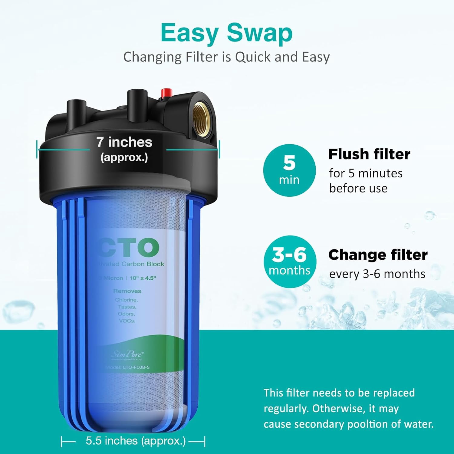 SimPure Whole House Sediment Water Filter, 4.5" x 10" Big Activated Carbon Block Replacement Cartridge Coconut CTO Filter, 2 Pack