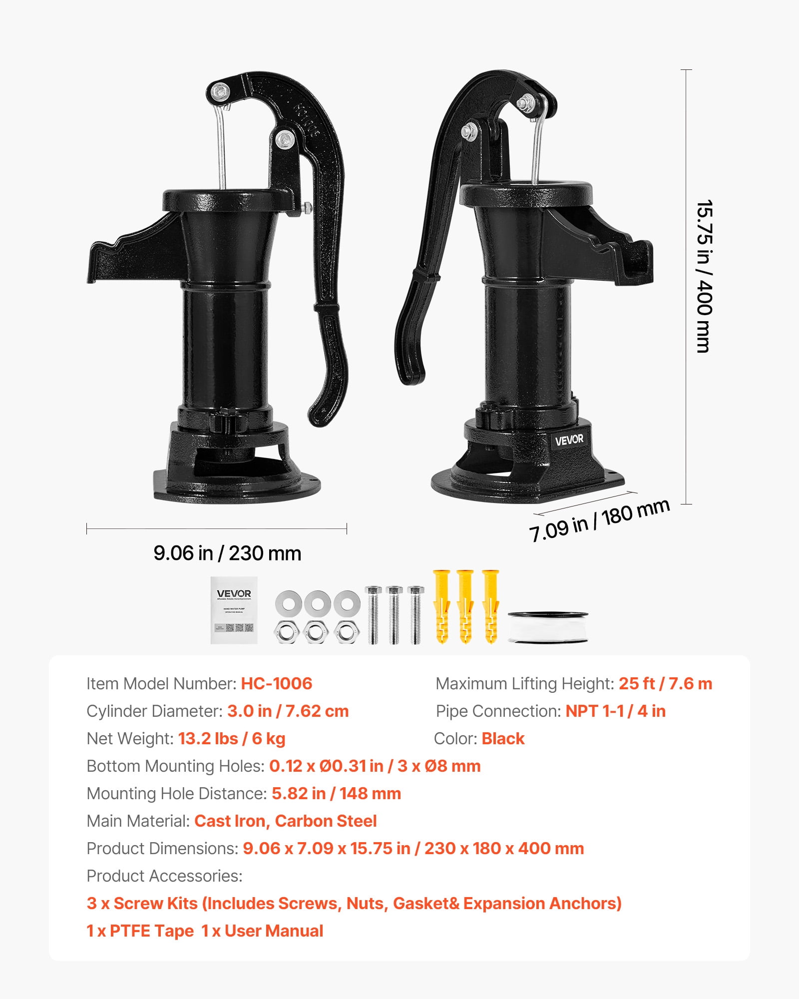 VEVOR Well Hand Pitcher Pump, 25 ft Maximum Lift, Antique Cast Iron Manual Hand Water Pump, NPT 1-1/4 in Connection, Easy Installation, Old Fashioned for Outdoor Garden, Pond, Backyard, Farm, Black