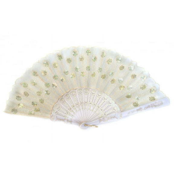 Peacock Pattern Sequin Fabric Hand Fan in Different Colors-yellow
