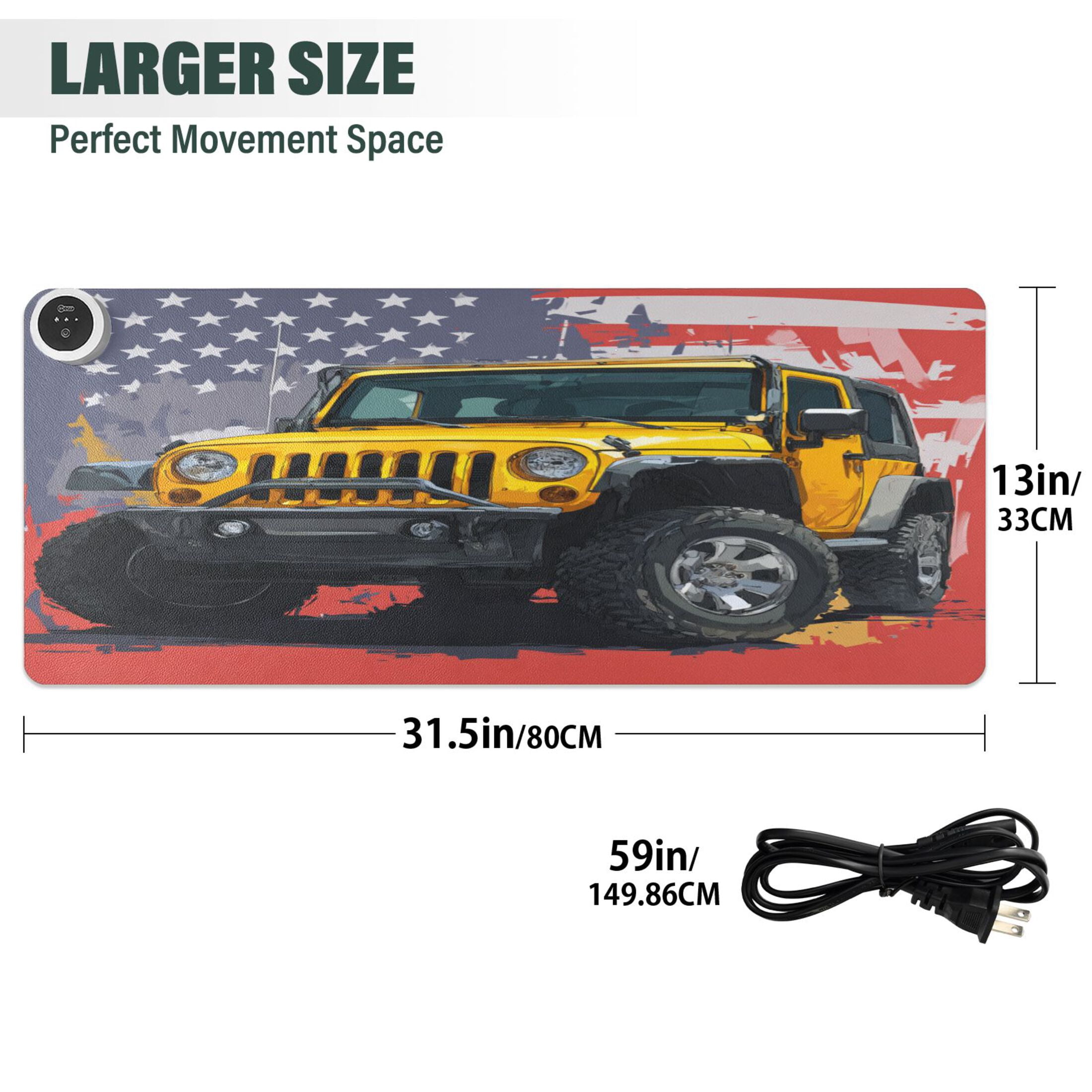 Large Heated Desk Mat Mouse Pad 31.5"x13"PU Leather Graphene Heating Desk Warmer with 3 Temperature Settings 110V US Plug Non-Slip Warm Pad for Home, Office, and Gaming Yellow Jeep Car Pattern