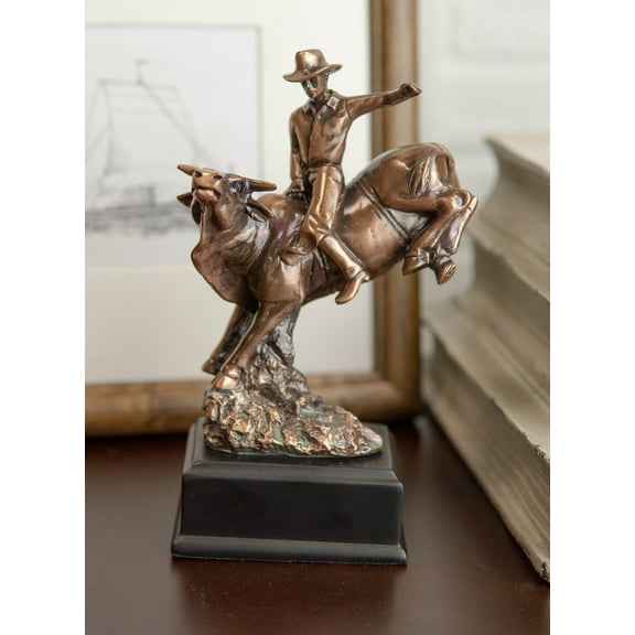 Ebros Rustic Western Rodeo Cowboy W/ Bucking Bull Bronze Electroplated Figurine