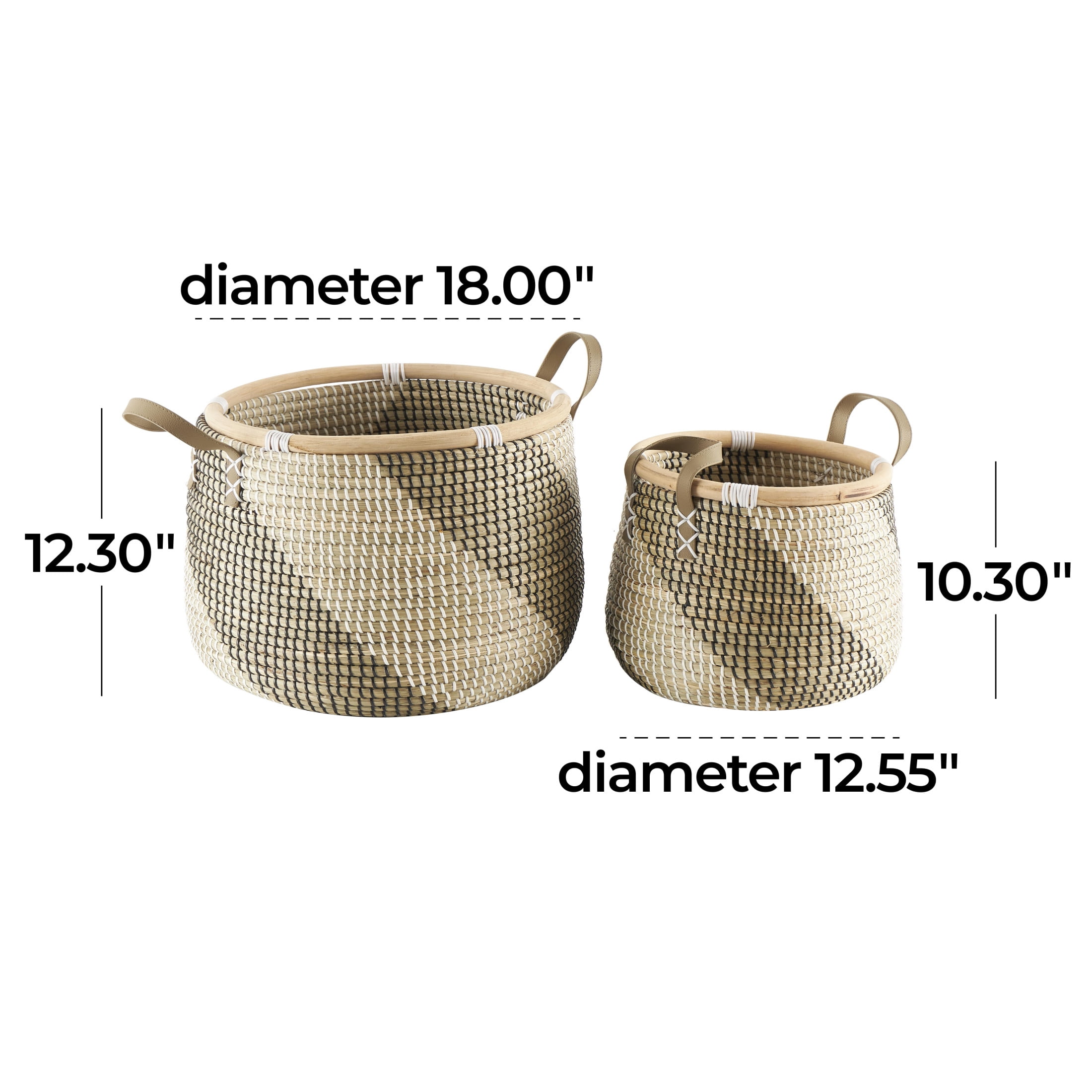 DecMode 18", 13"W Brown Seagrass Handmade Diagonal Striped Storage Basket with Leather Handles, 2-Pieces