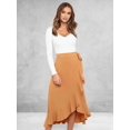 thumbnail image 6 of Womens One-Piece Wrap Tie Waist Solid Color Irregular Hem Chiffon Midi Skirt Elegant Flowy Khaki L, 6 of 9