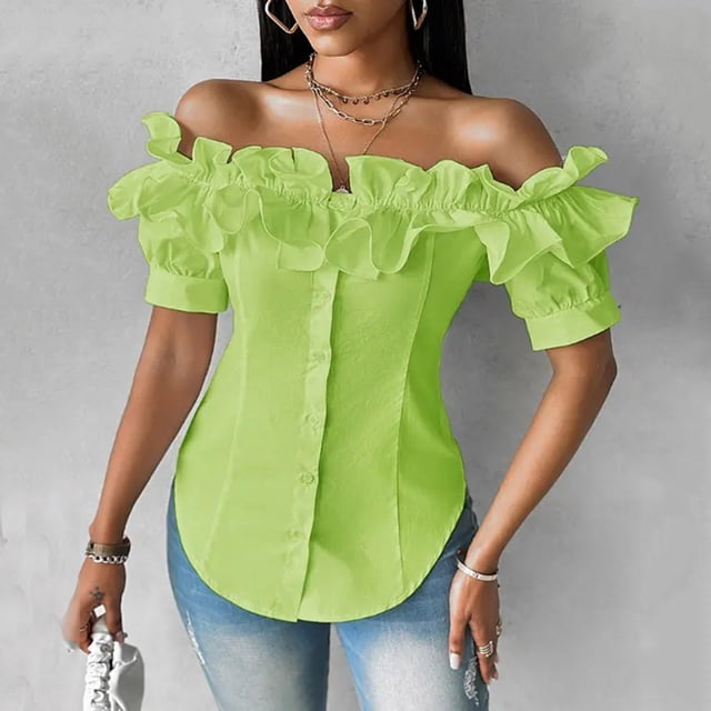 Clothing Women Off Shoulder Layered Ruffles Button Down Asymmetrical Hem Top Ruffle Trim Short Sleeve Blouse Party Tops Shirt
