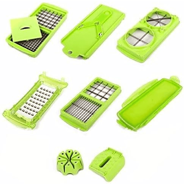 rallador cortador pelador rebanador de verduras cocina nicer con accesorios super slicer genérica nicerdicer verde, vista frontal centrada de un rallador multifunción compacto con cuatro superficies intercambiables visibles, base plana y recolector integrado; diseñado para rallar, rebanar, pelar y cortar verduras con un solo movimiento, suele usarse también para preparar guarniciones rápidas.