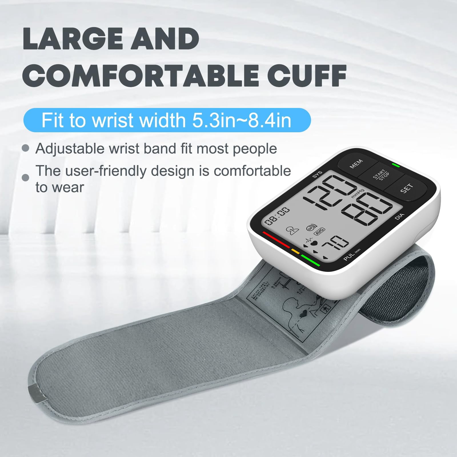 Wrist Blood Pressure Monitor, Large LCD Screen & Voice Announcements, Adjustable Cuff (5.3–8.4 in), 2×120 Memory, Irregular Heartbeat Detection, Portable Blood Pressure Monitor for Home, Travel