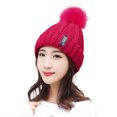 thumbnail image 2 of Naierhg Beanie Women Hat Solid Color Fluffy Ball Stretch Thicken Fleece Lined Autumn Winter Coldproof Fashion Labeling Beanie Hat Daily WearWine Red, 2 of 8