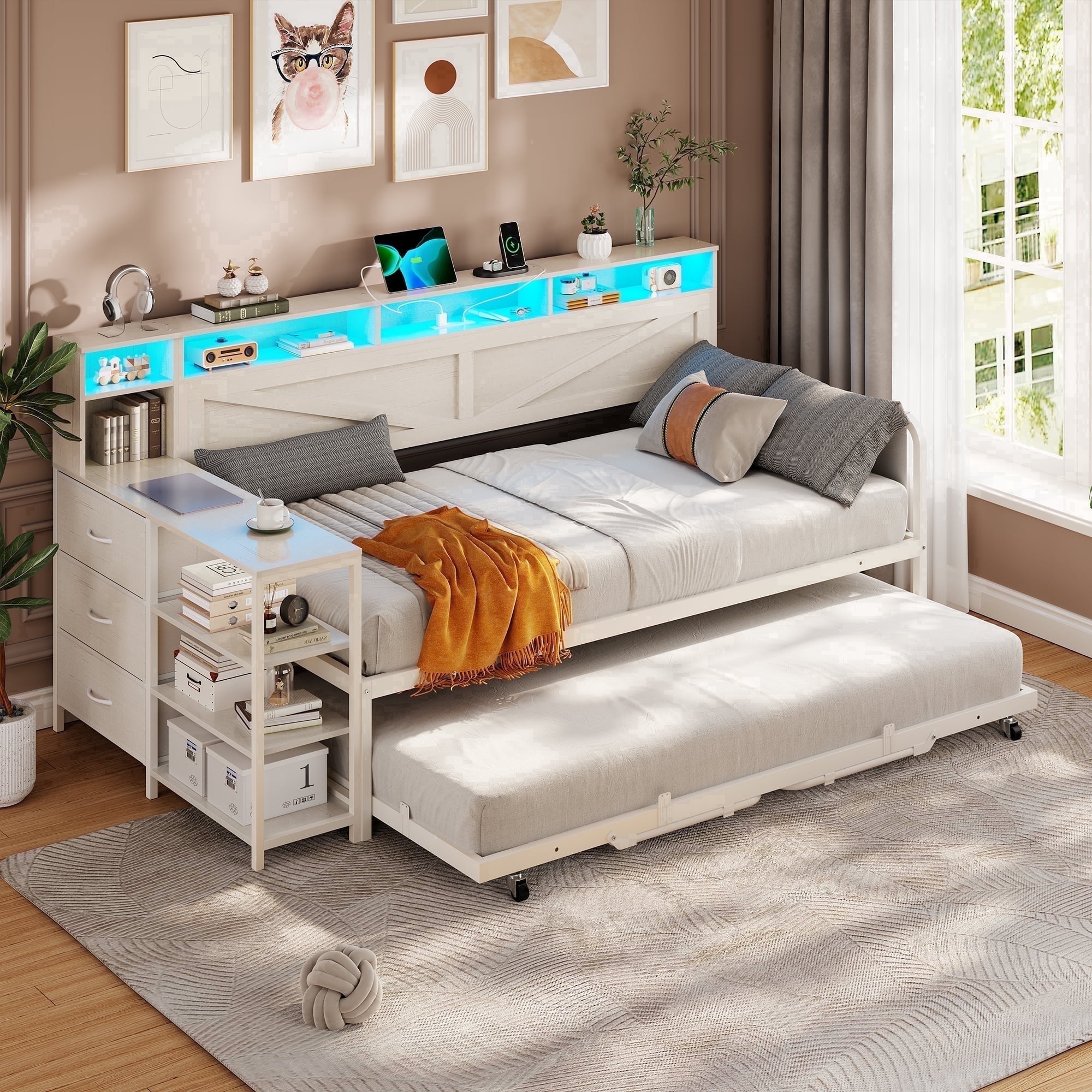AOGLLATI Daybed Twin Size Corner Bed Frame with Charging Station & 3 Storage Drawers, Twin Metal Corner Platform Bed Frame with Storage Shelves for Living Room Bedroom