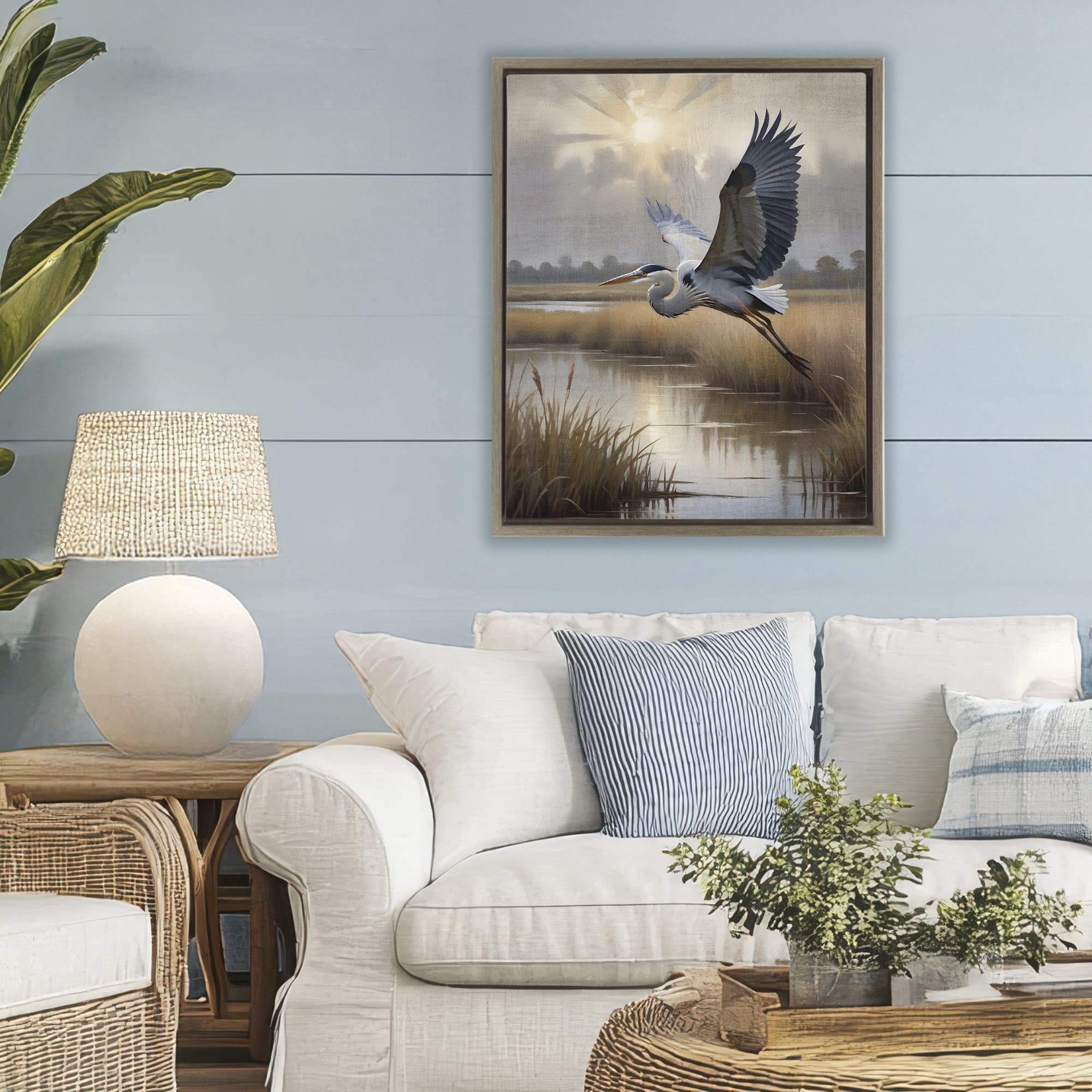Stupell Industries Heron Flight over Wetlands Brown Framed Floater Canvas Wall Art, design by Susan Arnot