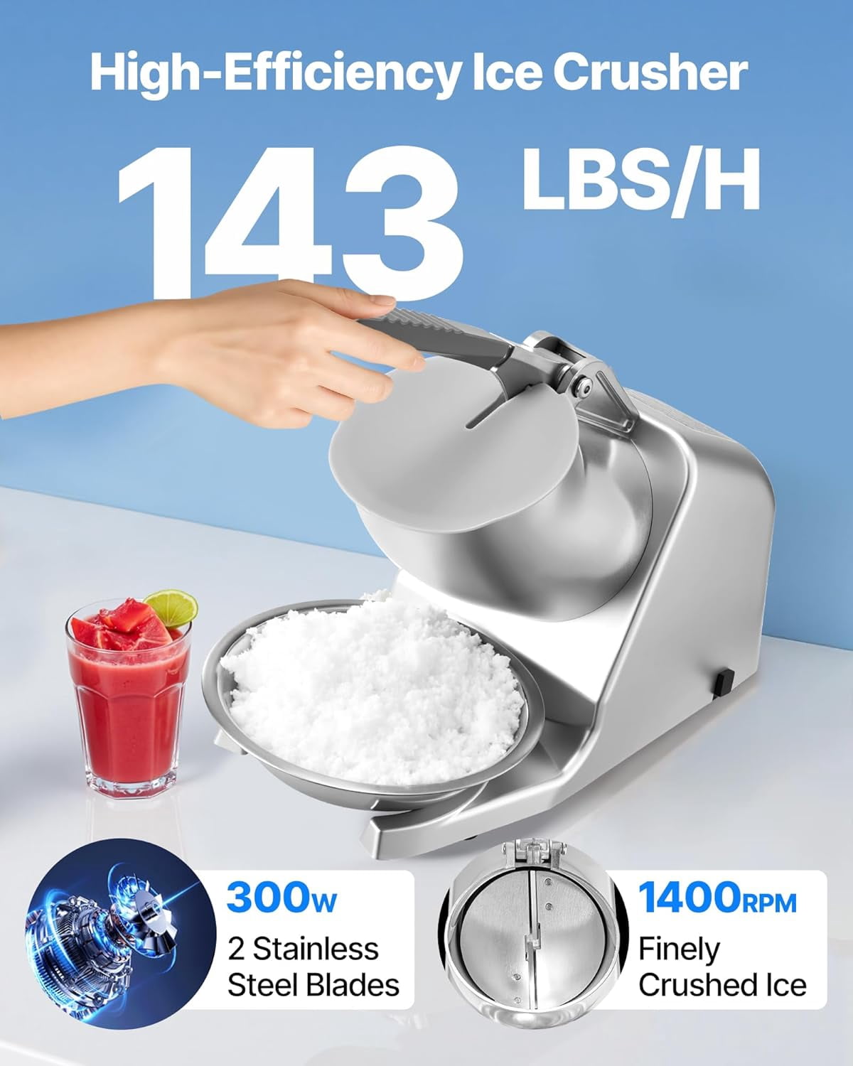 Ice Crusher , 143lbs Per Hour Electric 2 Blades Snow Cone Maker, Stainless Steel Shaved Ice  with Bowl and Cover, 300W 2000RPM Ice-Shaver for Home and Commercial Use, Silver