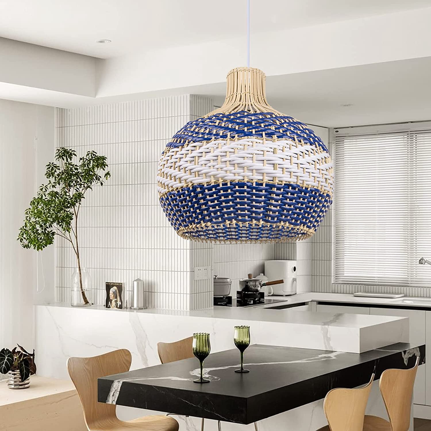 Arturesthome Hand-Woven Rattan Chandelier, Rattan Pendant Light Fixtures Ceiling, Wicker Hanging Lamp for Dining Room Bedroom Kitchen Island Blue