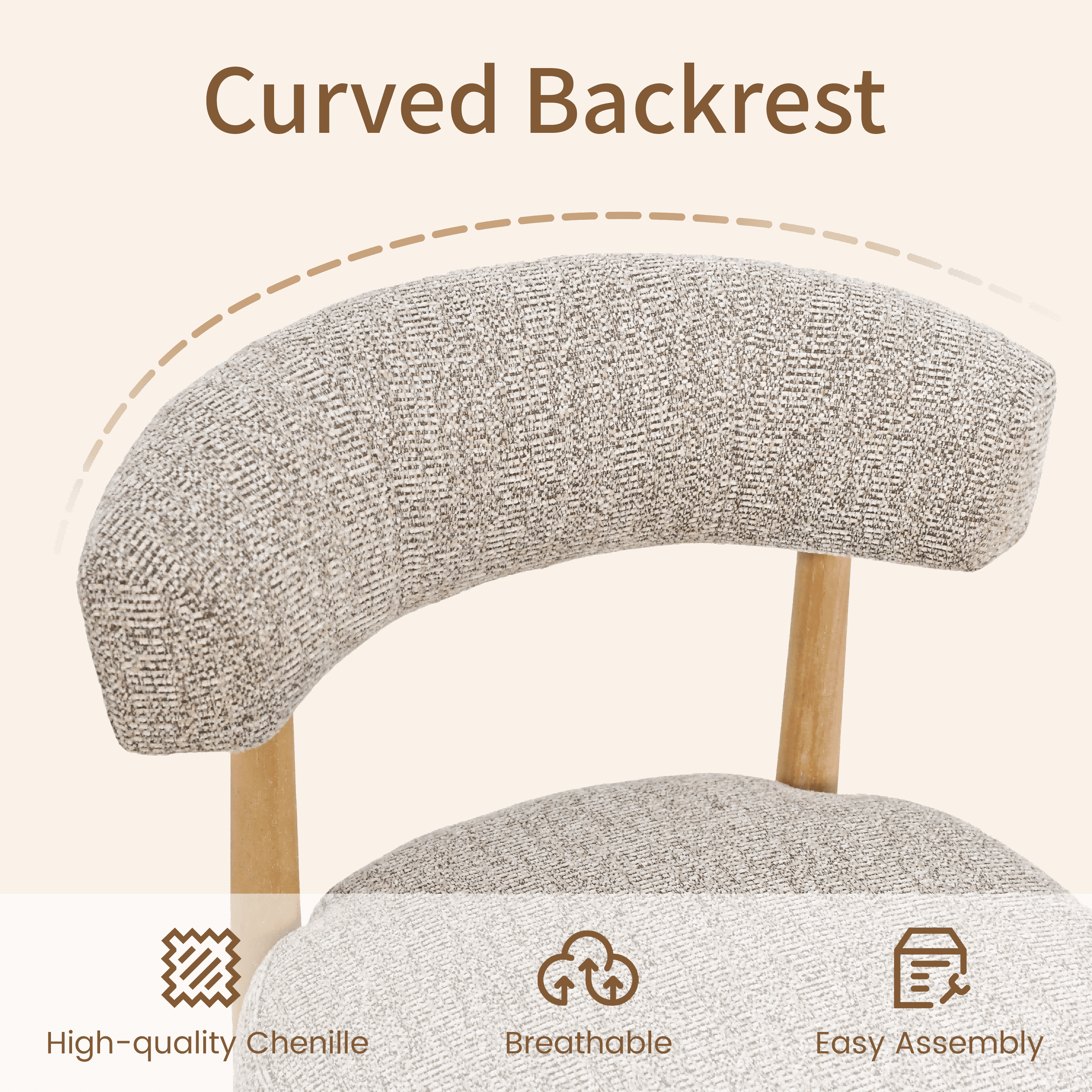 Vknow Furniture Minimalist Fabric Dining Chairs Set of 2 Solid Wood Legs Ergonomic Backrest for Dining Room Bedroom Study, Brown