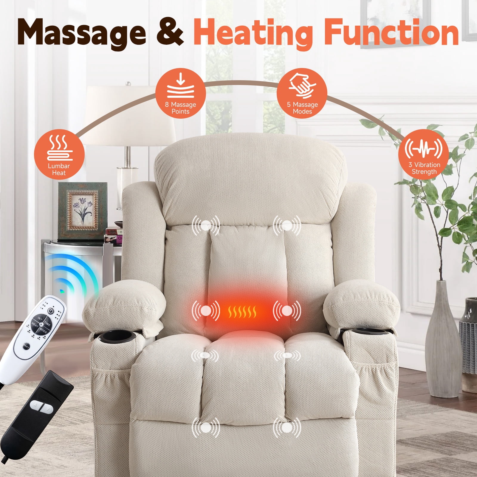 UHOMEPRO Lift Recliner Chair for Elderly and Adult, Electric Recliner with Heat and Vibration Massage, Remote Control, USB Port, Side Pockets & Cup Holders, Beige