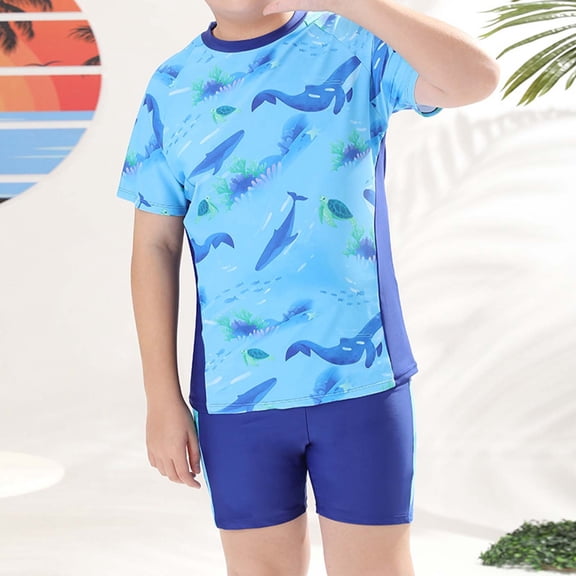 Rggeeun Toddler Boys Swimsuit Set 2Pc Cute Fish Pattern Short Sleeve Crew Neck Top & Elastic Waist Above Knee Swim Trunks for Summer Resort Swimming Adorable Beachwear,Blue,13-14 Years