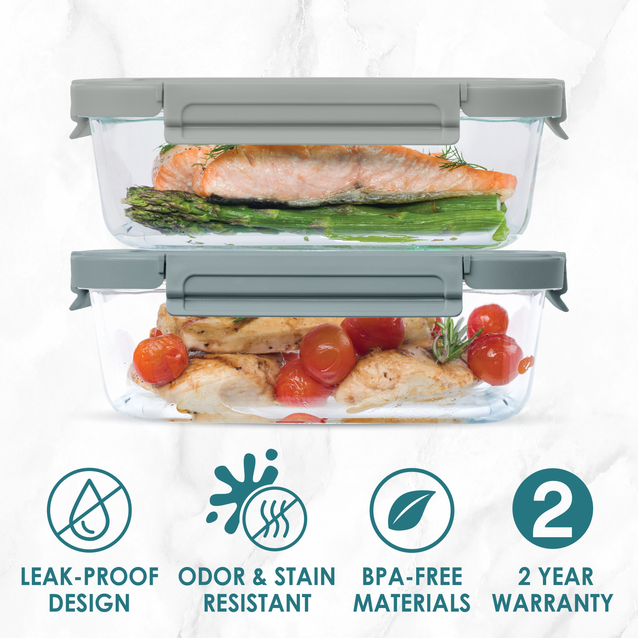Bentgo® Glass Leak-Proof Food Storage 4-Piece Set (Two 6.3 Cup Containers) Durable 1-Compartment Food Storage Containers & Airtight Locking Lids (Pebble/Stone)