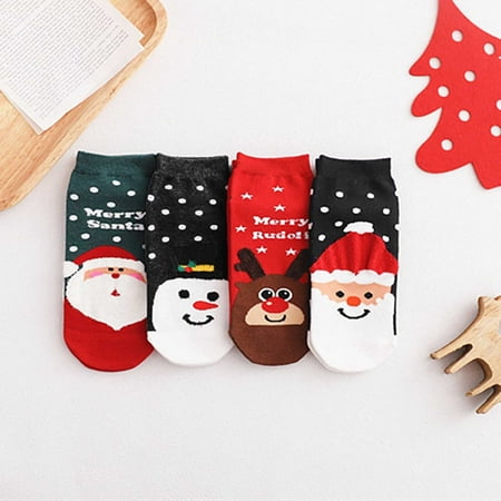 

KEVCHE Adult Christmas Print Elk Elder Cotton Short Socks Stockings 4 Pairs Multi-color