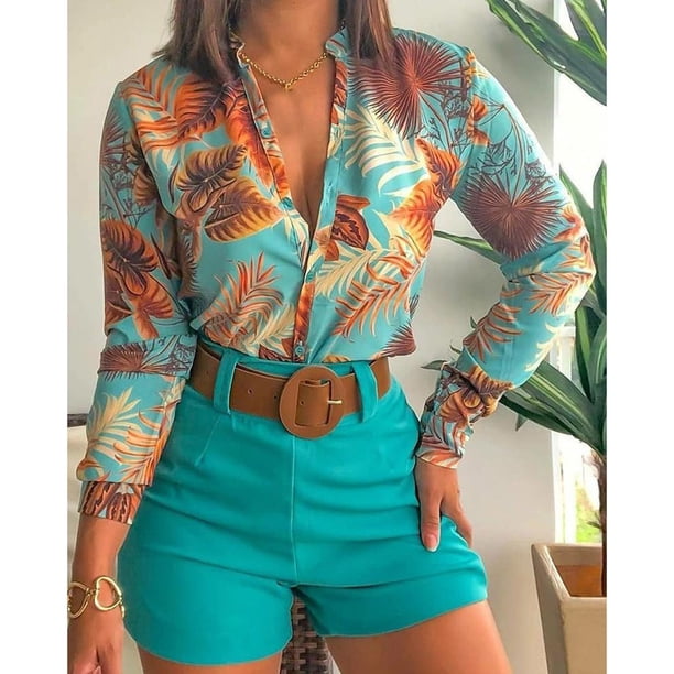 Puntoco Conjunto de dos piezas para mujer, tops estampados de manga larga con cuello en V, traje informal corto sólido, liquidación Puntoco Puntoco-798
