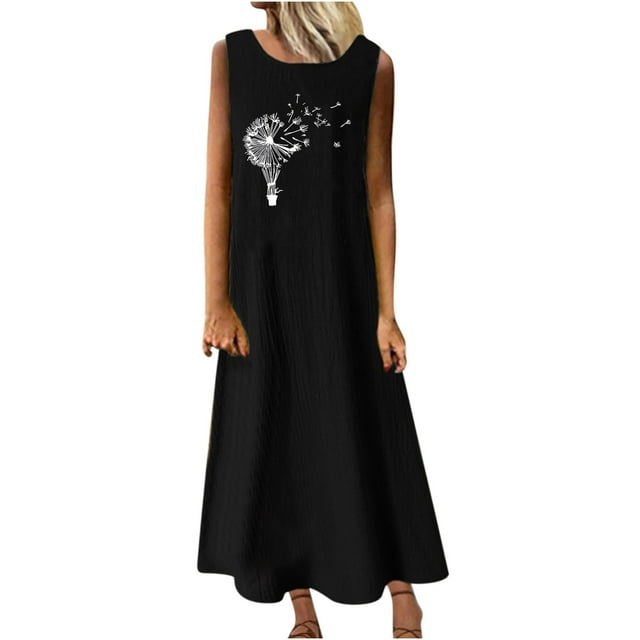 Robes d'Été en Coton et Lin pour Femmes, Col Rond, Imprimé, Sans Manches, Robe Débardeur Décontractée, Ample, Fluide, Maxi de Plage