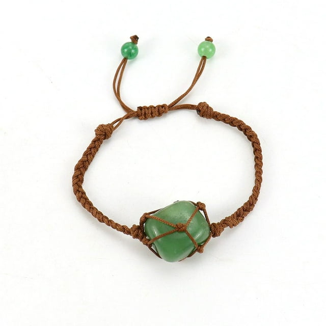 Nvzi Pulsera de cuentas hecha a mano, adecuada, pulsera de bolsa de malla de cristal de piedra natural con cuerda marrón tejida a mano (verde)