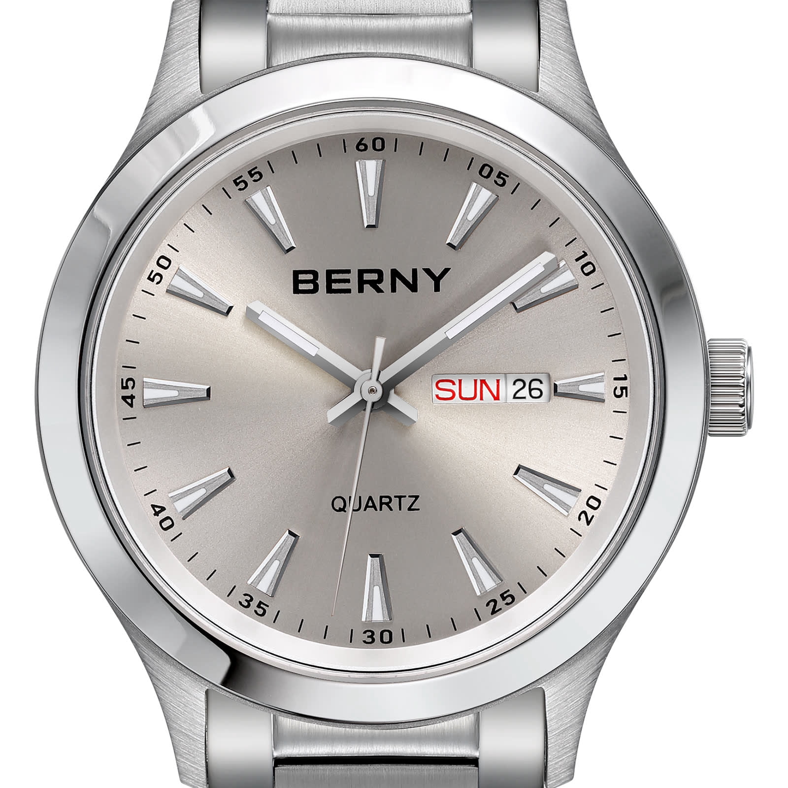 BERNY Quartz Watch for Men, Fashion Sports Wrist Watches with Solid Stainlesss Steel Case & Band, Date & Day Calendar, Casual Waterproof Men's Watches, Gray